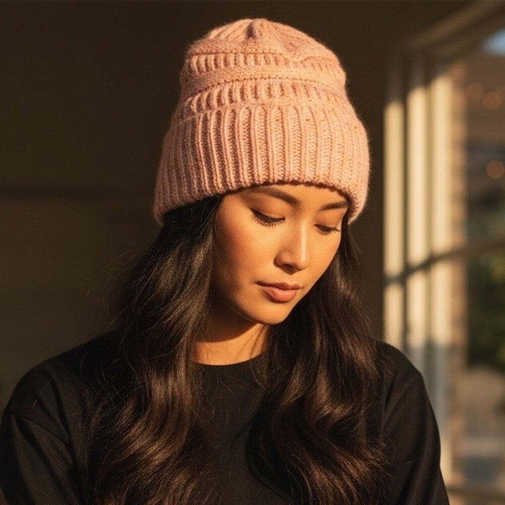 ❄️ 3/$17 NEW Satin Lined Winter Knitted Womens Beanie Hat Pink Cap Curly Girl
